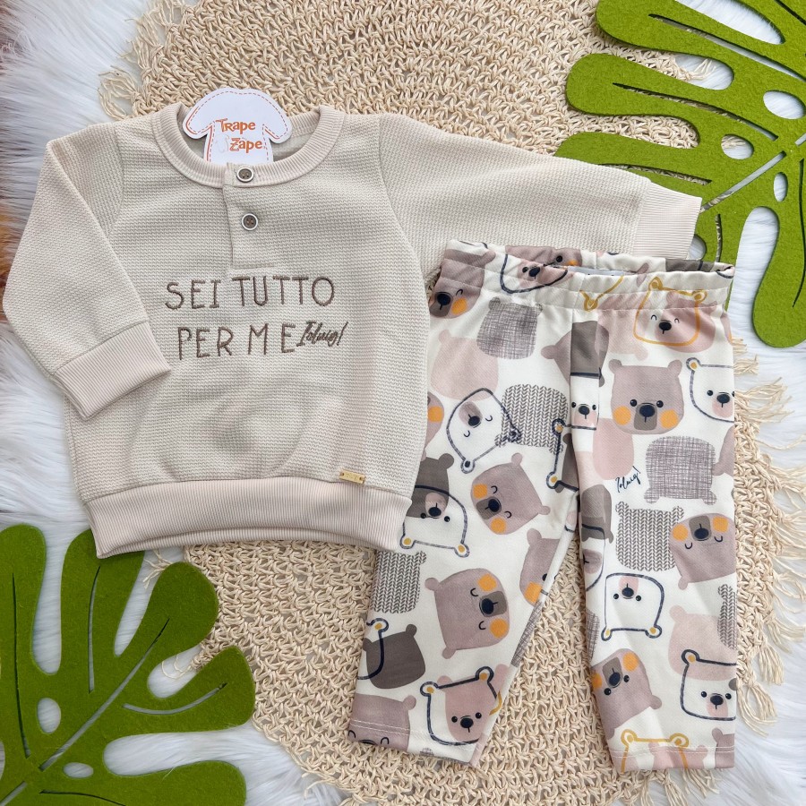 Conj. Casaco Sei Tutto Per Me e Calça Ursinhos - Areia